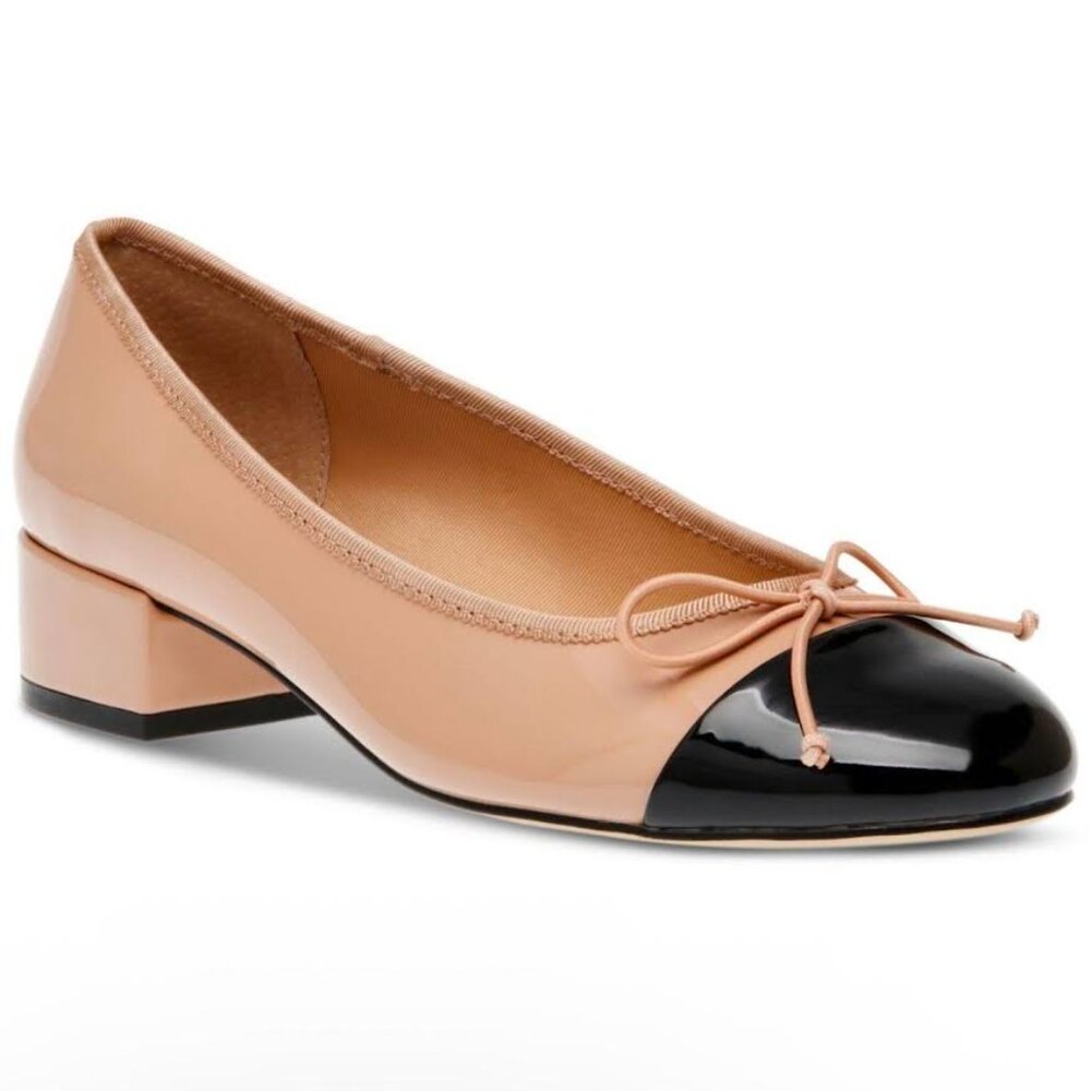 • STEVE MADDEN ELLISON NUDE & BLACK CAP-TOE BALLET PUMP •
